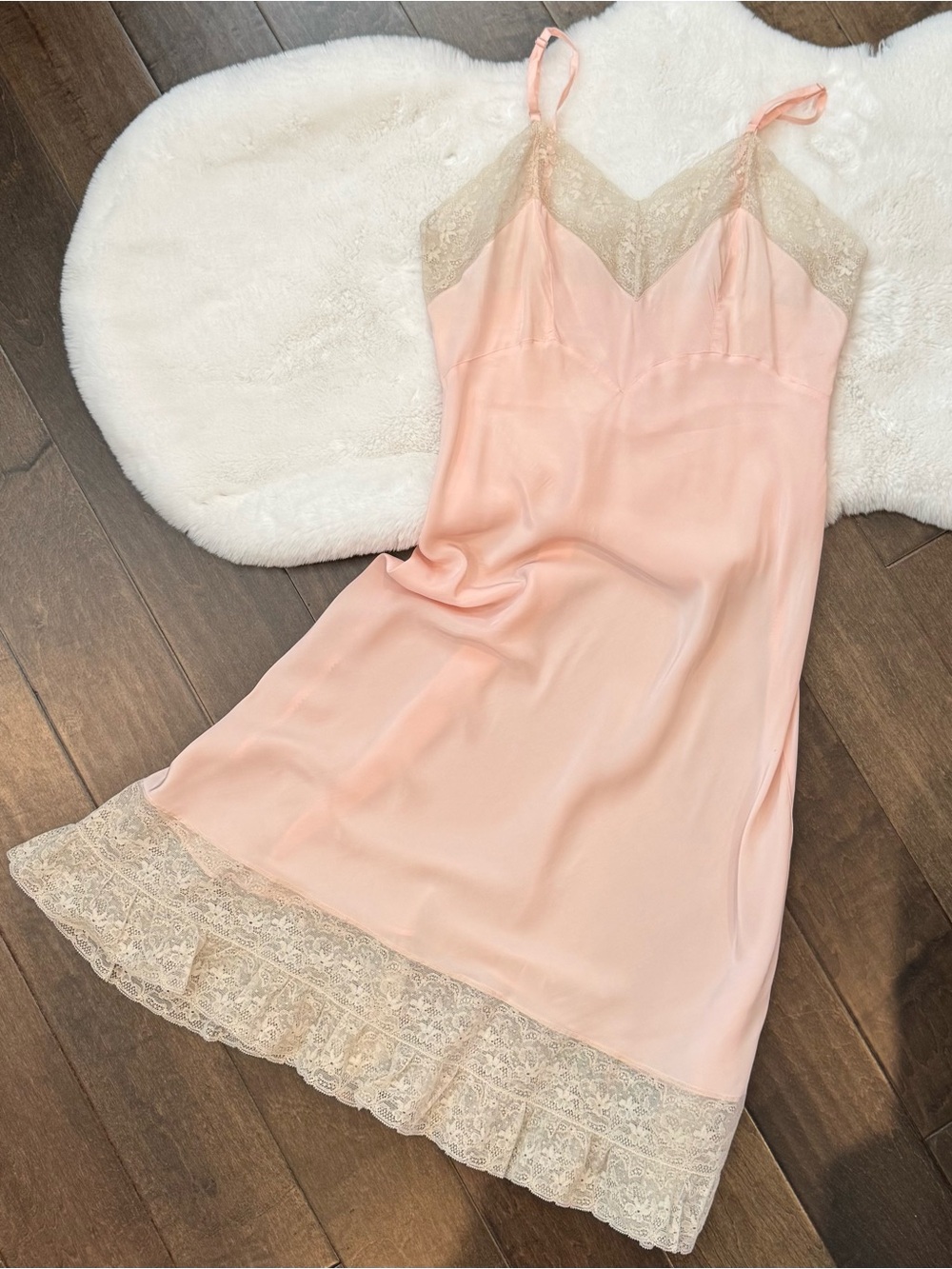 1940s Silky Rayon Pink Ivory Lace Skycharmer Skylon Vintage Full Slip Dress 18 L - Picture 5 of 13